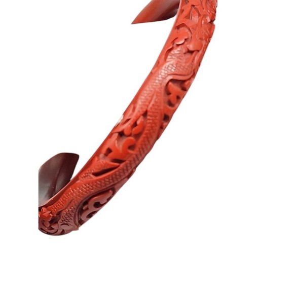 Carved Dragon & Floral Cinnabar Bangle Bracelet Scarlet Red Highly Detailed SZ8 - Picture 7 of 9